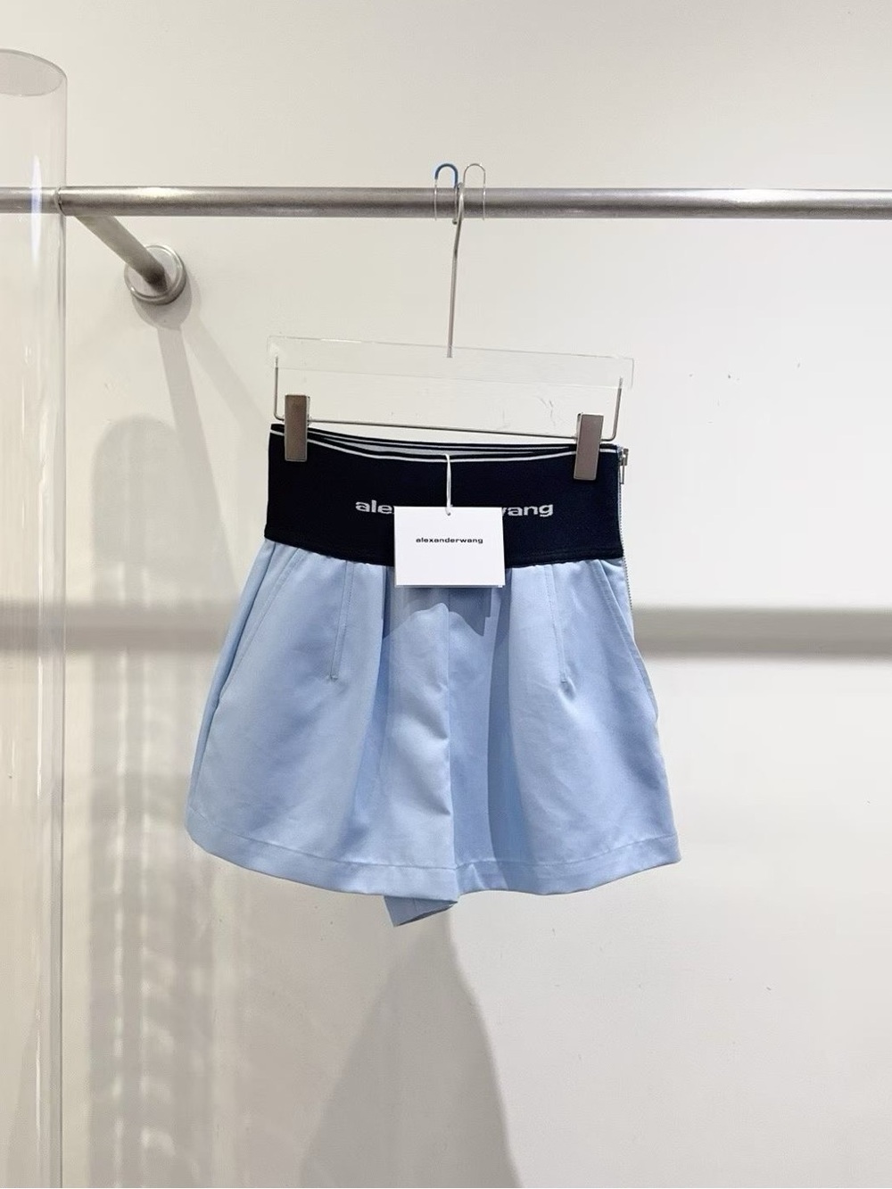 🚩steal Alexander Wang Light Blue Shorts with Black Elastic Logo Waistband